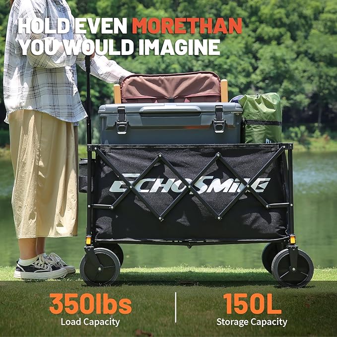 EchoSmile Collapsible Foldable Wagon Cart with 350lbs Weight Capacity, Heavy Duty Folding Utility Sport Wagon with Removeble Wheels for Camping,Grocery,Garden,Beach,Black