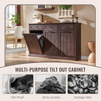 Triple Tilt Out Laundry Hamper Cabinet, 20 Gallon Farmhouse Trash Can Cabinet w/Drawer & Adjustable Shelf, Hidden Garbage Can Bin Cabinets w/Laundry Basket for Bathroom, Kitchen (Brown)