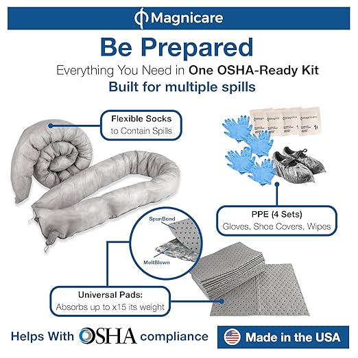 Universal Spill Kit OSHA Approved - Biohazard Clean up Kit for Oil, Water & Chemicals | 15 Absorbent Pads, 2 Socks, PPE, Biohazard Bags in Bright Orange Duffel Bag