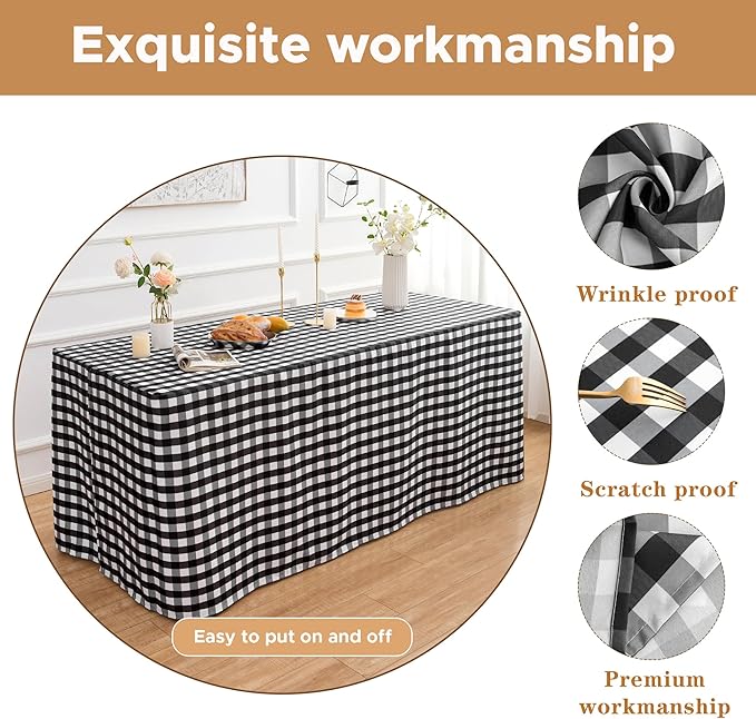 HolidayIdeas Fitted Checkered Tablecloths for 6 Foot Tables - 72 x 30 Inch - 2 Pack Rectangle Tableclothes Buffalo Plaid Table Cover for Parties, Picnic, Trade Show (Black and White)