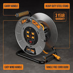 Masterplug 1ft Cord Reel, Metal Cable Drum, Retractable Extension Lead with Winding Handle, Safety Overload Circuit Breaker and Power Switch, 4x Grounded Outlets, 15amps, 12AWG Cable