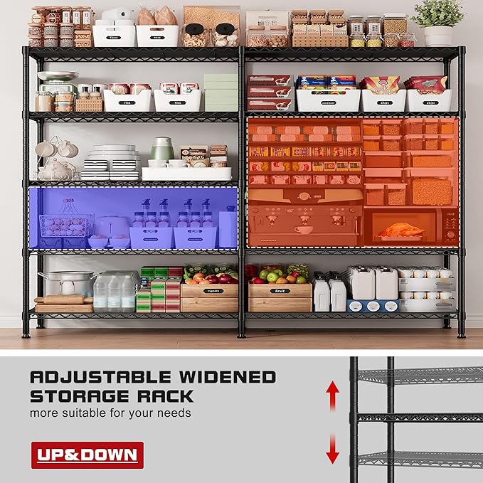 REIBII 73''W Shelf 1650 LBS Storage Shelves 5-Tier Metal Shelving Wire Shelving Unit, Adjustable Heavy Duty Metal Shelves Wire Shelf for Pantry Kitchen Industrial Garage, 17.7" D x 73" W x 71" H
