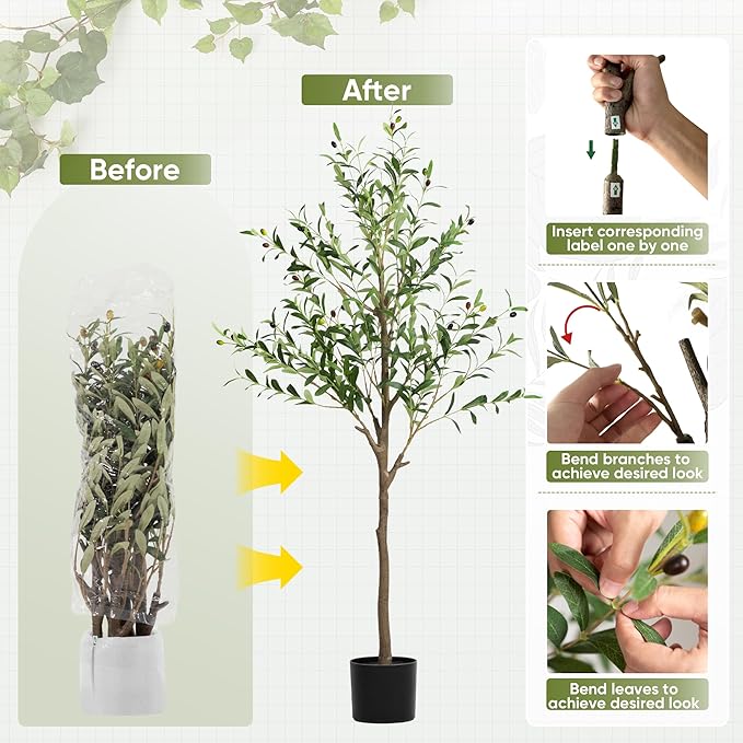 2 Pack Artificial Olive Tree 5FT, Tall Faux Olive Trees for Indoor Outdoor, Realistic Potted Plant Natural Wood Trunk, Leaves and Fruits for Home Office Decor (2, 5FT)