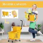 HOMCOM Mop Bucket with Wringer on Wheels for Floor Cleaning, 38 Quart Down Press Wringer with Handle and Mop, Yellow