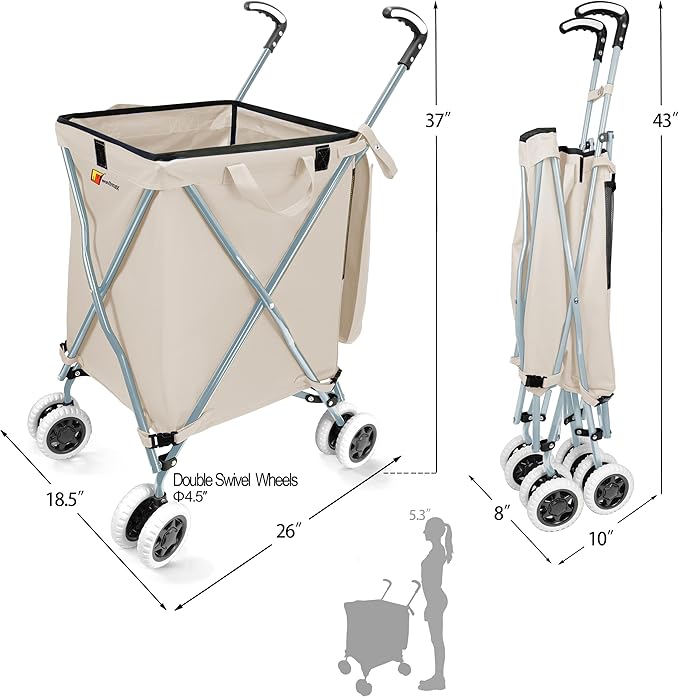 Wellmax WM99100 Series Folding Shopping Cart with Wheels, Grocery Cart with Removable Canvas with Cover, Lightweight Utility Cart for Groceries and Laundry - Holds up to 120 lbs (White)