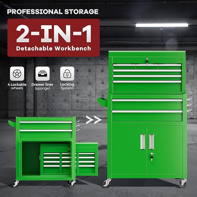 Bonusall 8 Drawer Rolling Tool Chest and Cabinet Combo,Heavy-Duty Metal Garage Tool Chest with Wheels and 2 Doors,2-in-1 Top Box and Roller Cabinet Combo for Garage, Workshop, Warehouse-Green