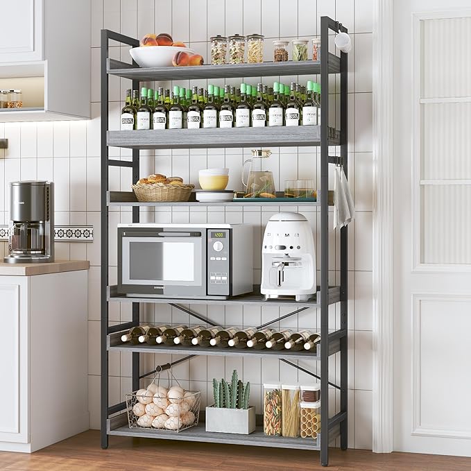 HCHQHS Bookshelf, Adjustable Industrial Bookcase, Vertical Tall Book Shelf, Wood and Black Metal Open Bookshelves for Home Office, Living Room, Bedroom (Grey, 6-Tier (31" W x 70" H))