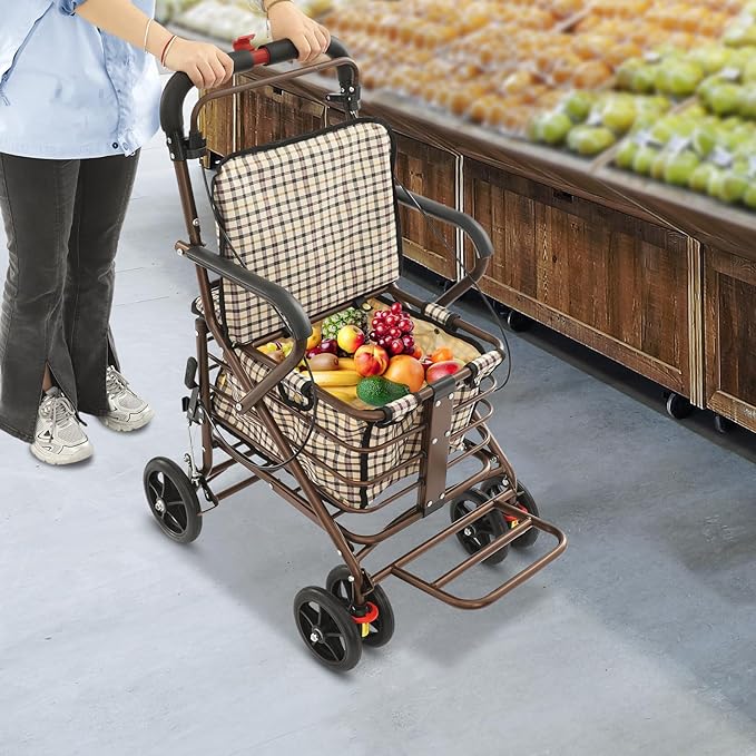 Shopping Cart, 220lbs Foldable Shopping Cart, Utility Cart with Seat & 360° Wheels, for Groceries, Laundry, Camping (Checkered)
