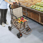 Shopping Cart, 220lbs Foldable Shopping Cart, Utility Cart with Seat & 360° Wheels, for Groceries, Laundry, Camping (Checkered)