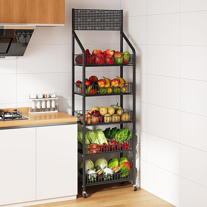 Snack Rack Display Stand, 5 Tier Metal Retail Candy Display Rack with Wheels, Removable Bread Organizer Stand with 10 Hooks, Snack Organizer for Stores, Living Room, Kitchen, Office (Black)