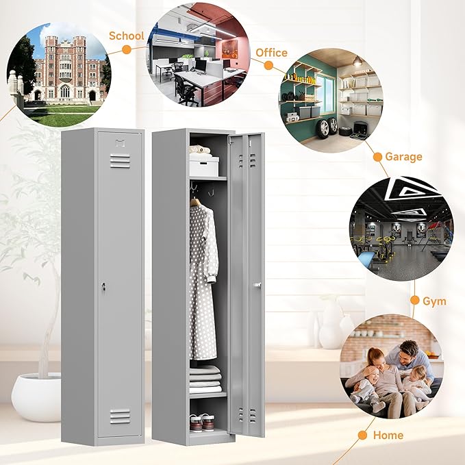 Bestoo Metal Locker,71" Storage Cabinet with 1 Lockable Door and Hooks, Tall Freestanding Wardrobe for Employees, Gym, School, Home and Office (Gray)