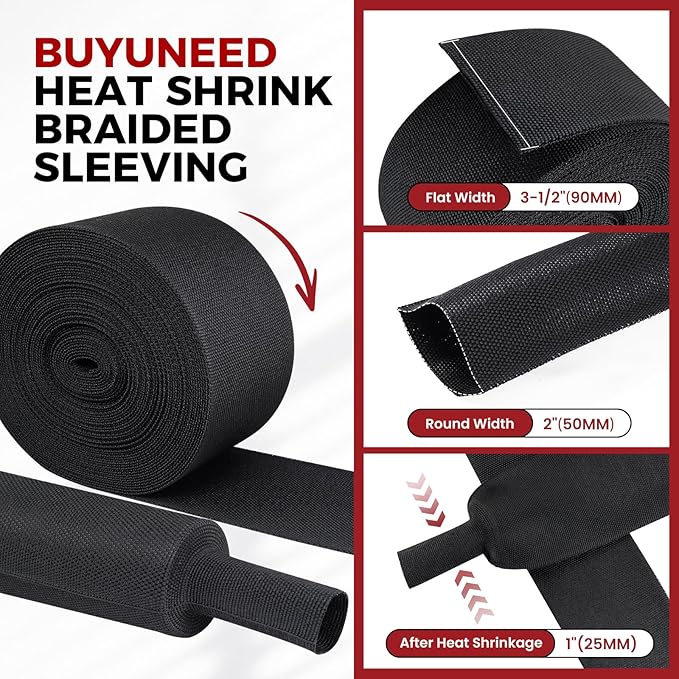 Heat Shrink Wire Loom 2:1 Shrinkable Braided Cable Sleeve 2 Inch ID-25ft Abrasion Protection Flexibility Fabric Wiring Harness Cover Sheath