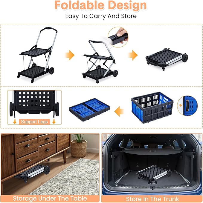 Foldable Shopping Cart with 2 Storage Crates – 2-Tier Collapsible Utility Cart, Aluminum Trolley with 360° Rolling Swivel Wheels & Removable Baskets for Groceries, Office, Travel, Apartment