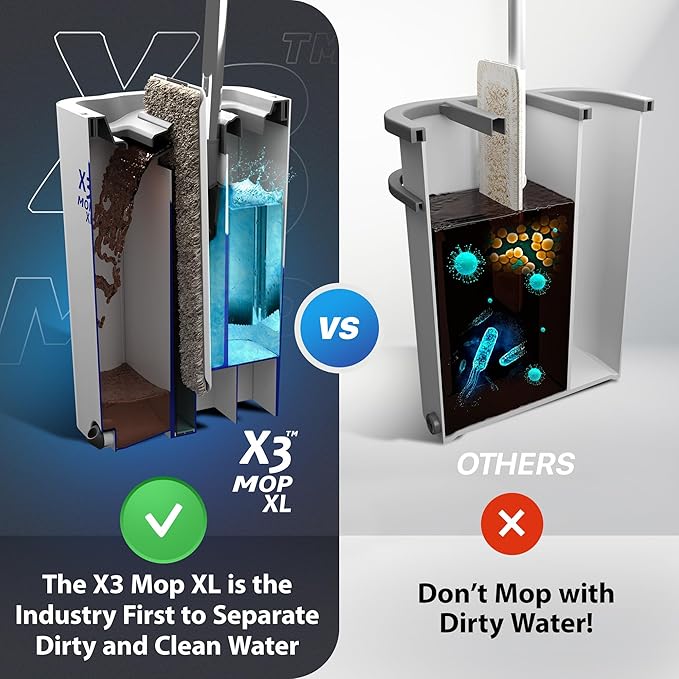 X3 Mop, Separates Dirty and Clean Water, 3-Chamber Design, Flat Mop and Bucket Set, Hands Free Home Floor Cleaning, 3 Reusable Microfiber Mop Pads Included (XL X3 Mop)