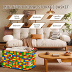 Colorful Building Blocks Storage Basket Large 17x11.5x10.5 Inche-Collapsible Fabric Organizer Bin with Handles for Kids Room, Toys, Playroom-Decorative Hamper with Educational Block-Single Pack