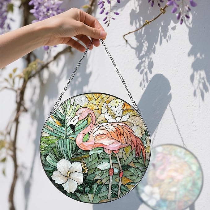 8″ Stained Glass Window Hanging Ornament, Flamingo Stained Glass Suncatcher Ornament, Sun-Catcher Window Decor | Housewarming & Birthday Gifts, Festival Gift | Gifts for Flamingo Lovers