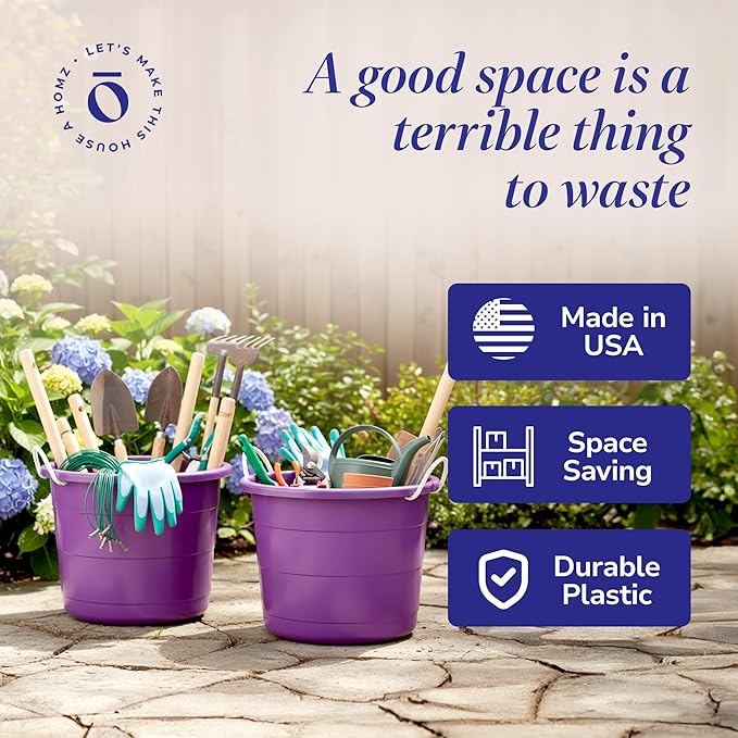 HOMZ 2-Pack Utility Tub, Large Plastic Storage Bucket with Rope Handles, 17 Gallon, Purple - Portable Indoor and Outdoor Buckets for Kitchen, Laundry, Garden, Bathroom, and Garage Organization