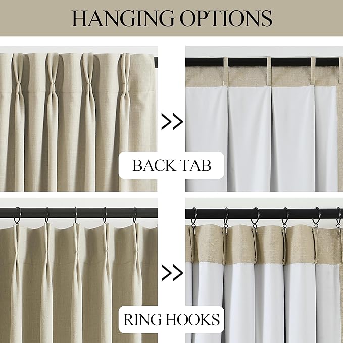 Vision Home Sand Pinch Pleated Full Blackout Curtains Linen Blended Room Darkening Window Curtains 90 inch for Living Room Bedroom Thermal Insulated Pinch Pleat Drapes with Hooks 2 Panel 40" Wx90 L