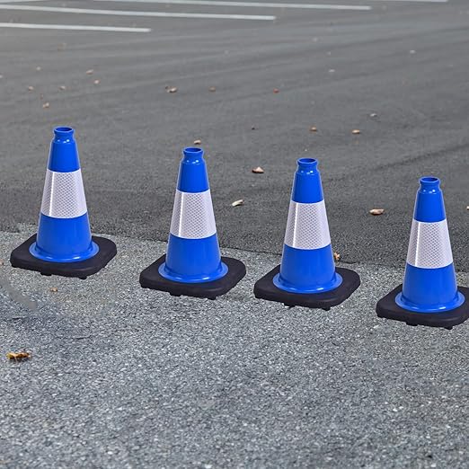 4 Pack 12 Inch Blue PVC Traffic Cones Black Base, Sport Training Cones for Soccer Drills, Kids Outdoor Play, Indoor Gym Activities (4, Blue, 12 Inch)