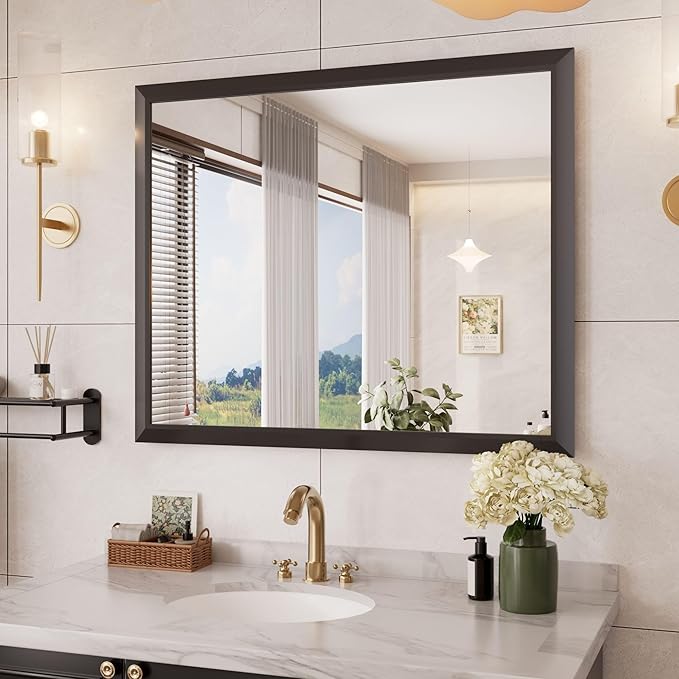 Amorho Bathroom Mirror Black, 44x36 Inch Thick Metal Framed Wall Mirrors, Suitable or Bedroom, Living Room, Entryway, Rectangle Wall-Mounted Mirrors(Horizontal/Vertical).