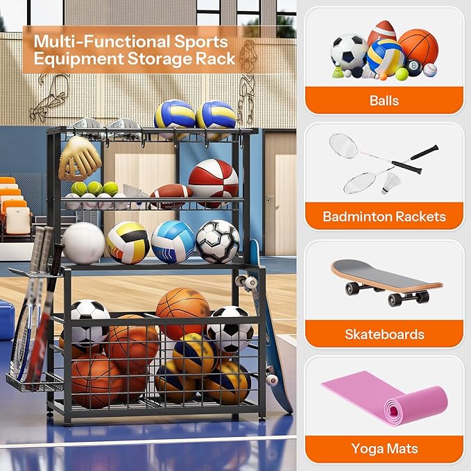 HOOBRO Sports Equipment Garage Organizer, Ball Storage Rack with Basket, Heavy Duty Ball Holder with Hooks, for Outdoor, Garage, Club, Basement, Black BK80JJ01