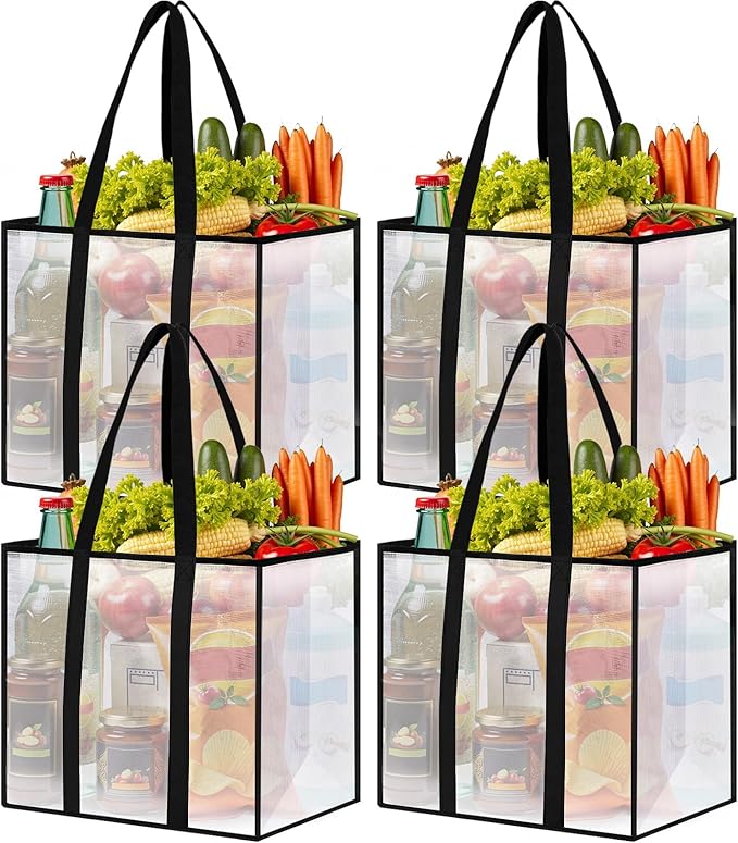 4 Pack Reusable Grocery Bags, Heavy-Duty Shopping Bags with Sturdy Handles, Water-Resistant & Foldable Organizer, Shopping Bags for Groceries, Market, Car Trunk, Multi-Purpose, 42L