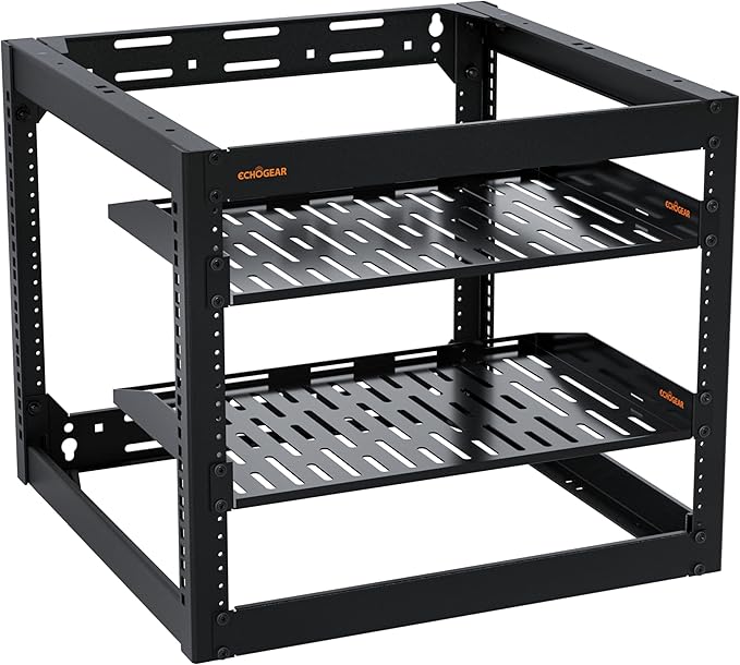 ECHOGEAR 10U Network Rack - Wall Mountable Heavy Duty 4 Post Design Holds All Your Networking & AV Gear - Open Frame Design Includes 2 1U Vented Shelves & Mounting Hardware