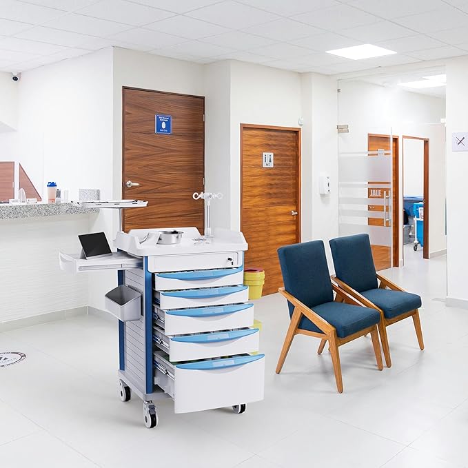 Adjustable Rolling Medical Storage Crash Cart - Includes Silent Casters, IV Pole, Needle Disposal Holder, Trash Bin & O2 Holder - Ideal Nursing Trolley for Clinics, Hospitals
