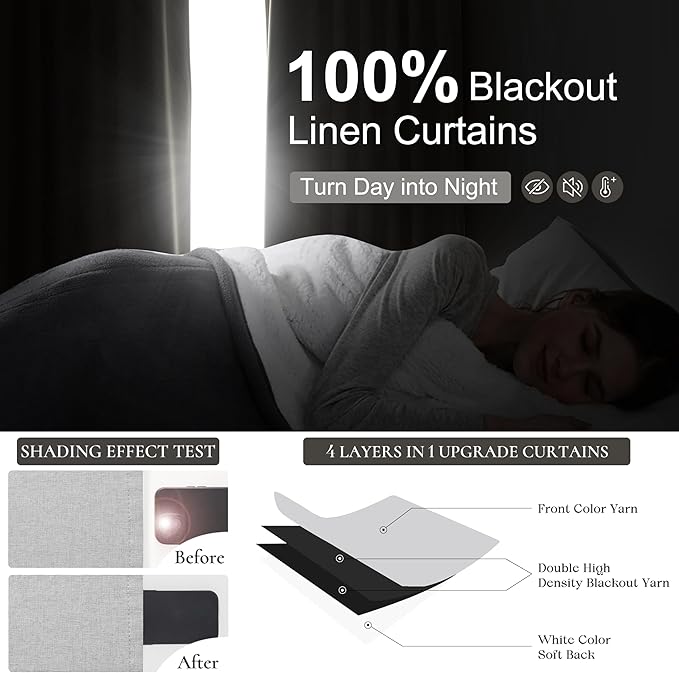 Light Grey Blackout Curtains 102 Inch Length 2 Panels Set for Bedroom, Modern Faux Linen Room Darkening Pleated Gray Burg with Rod Pocket Back Tab Insulated Curtain for Office Sunroom (50"Wx102"Lx2 )