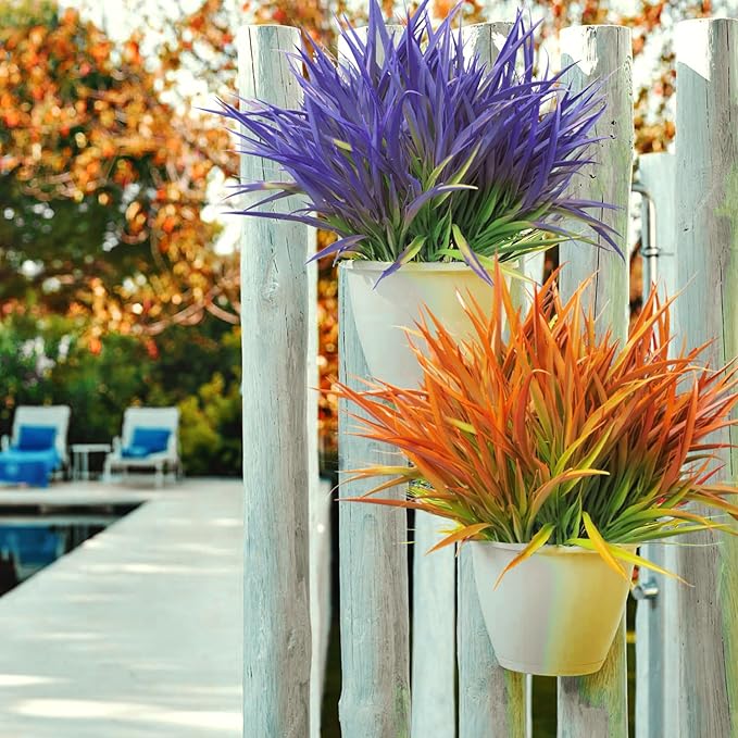 Outdoor Artificial Plants 8 Bundles Fake Plants Grass UV Resistant Fake Flowers Bush Greenery,17Inch Tall Faux Grass Shrubs for Home Porch Pathway Garden Décor Outside Indoor (Purple)