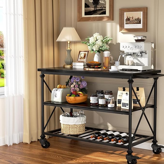 Homieasy Kitchen Island Cart with Wheels, 3-Tier Wood and Metal Rolling Kitchen Island Table with Pipe Legs, Storage Shelves & Lockable Casters for Kitchen Dining Room, Black