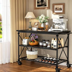Homieasy Kitchen Island Cart with Wheels, 3-Tier Wood and Metal Rolling Kitchen Island Table with Pipe Legs, Storage Shelves & Lockable Casters for Kitchen Dining Room, Black