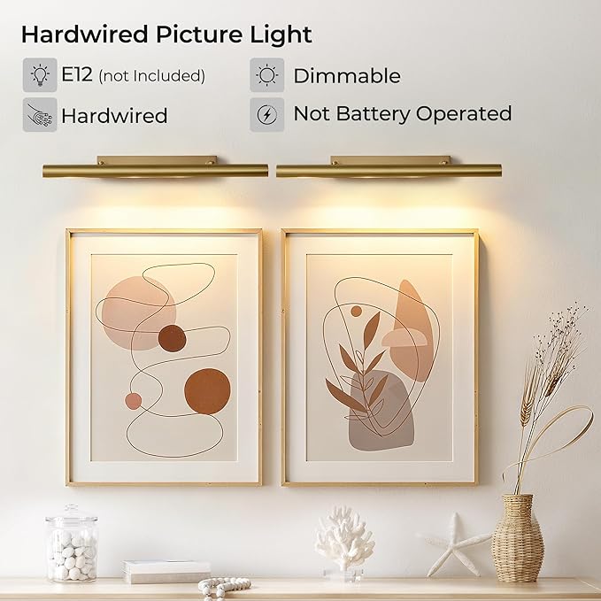Picture Light, 24 inch Brass Picture Lights for Wall,Hardwired Brushed Gold Picture Lights,270° Rotatable Art Lights, 4-Light Picture Frame Light for Painting Display Artwork Portrait No Bulbs