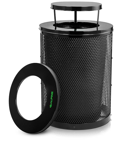 Alpine Outdoor Trash Can 36 Gallon Diamond Steel Commercial Metal Waste Bin with Leak Proof Liner, Heavy Duty Steel Mesh Design, Rain Bonnet Lid & Flat Lid for Parks, Streets, and Public Spaces-Black