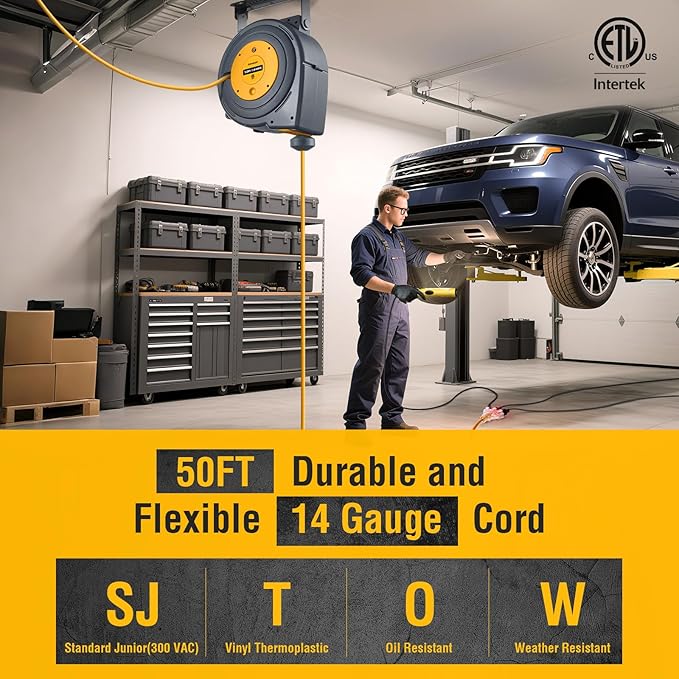 SURAIELEC 50 FT Extension Cord Reel, 14 Gauge Retractable Extension Cord, SJTOW 14 AWG/3C Heavy Duty Power Cord, 13 AMP Circuit Breaker, Lighted Triple Tap, Ceiling or Wall Mount, ETL Listed