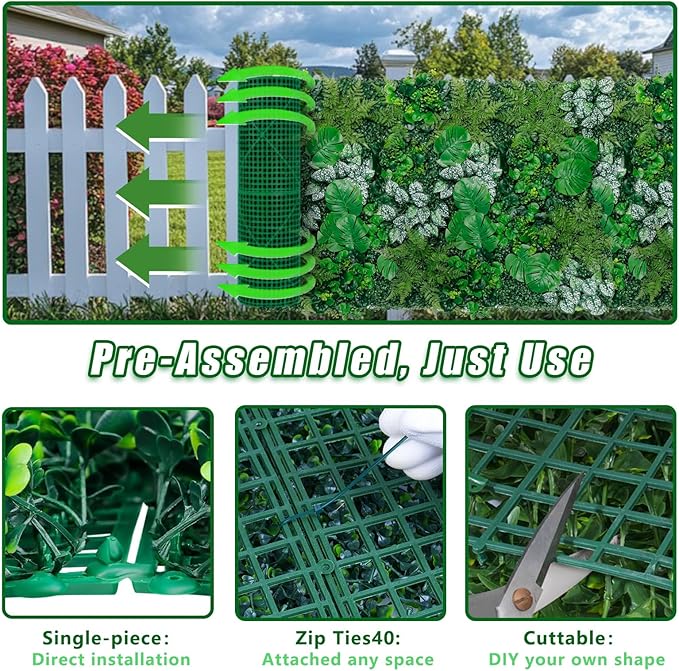 Artificial Boxwood Panels, 40"x120"(33.33 SQFT) Grass Wall Panels with Monstera Leaves,Privacy Hedge Fence Screen with UV Protection,Fake Greenery Backdrop for Indoor Wedding