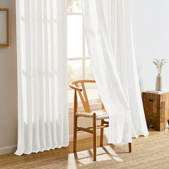 White Pinch Pleated Sheer Curtains 84 Inches Long, Textured Window Treatments Curtain for Bedroom/Living Room 42x84 Inch 2 Panels Back Tab Rod Pocket