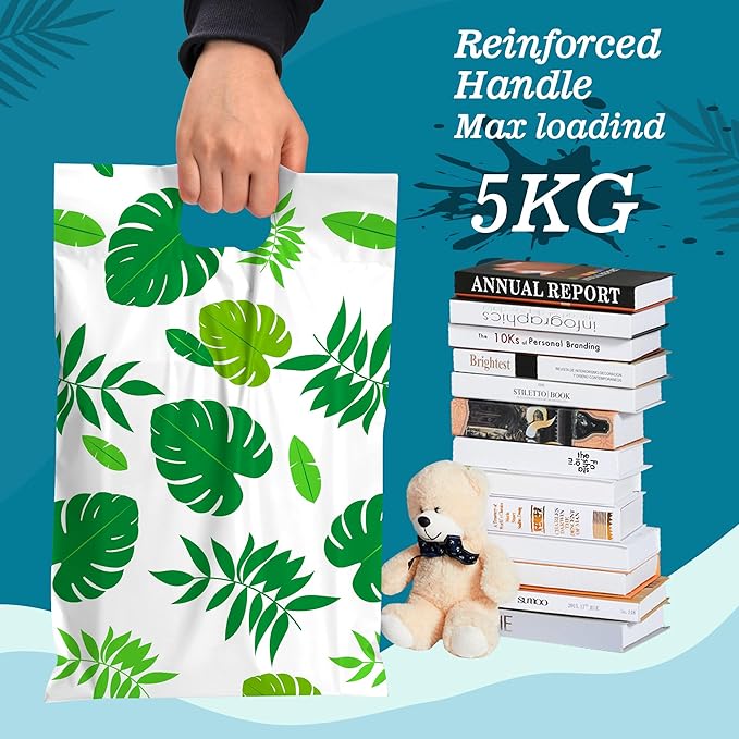 JinRuiKJ Poly Mailers with Handle 10x13 Inch 25 Pcs, Easy to Carry Packaging Bags for Small Business, Thank You Shipping Bags with Self Adhesive Strip, Tearproof and Waterproof - Trpoical Leaves