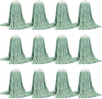 Matthew Cleaning Screw-on Heavy Duty Cotton Wet Mop Replacement Heads(Green, Large,12 Pack) with 2 Pack Microfiber Cloth for Residential & Commercial Floor Cleaning Use- Fit Standard American Screw
