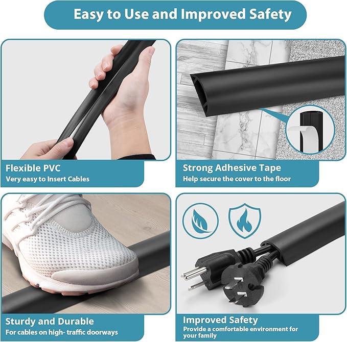 5.5FT Floor Cord Cover, Black Soft Cable Cover Floor, Large Size Extension Cord Covers for Floor, Power Cord Protector Floor Wire Cover - Cord Channel Diameter: 0.7" (W) x 0.4" (H)