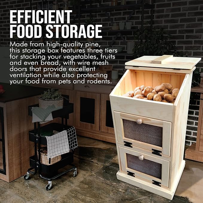 Peaceful Classics Wooden Bread Storage Bins, Decorative Potato and Onion Storage Bin, Potato Bin, Wooden Vegetable Storage w/Lid for Kitchen Pantry, Unfinished, 17"W x 12"D x 35"H