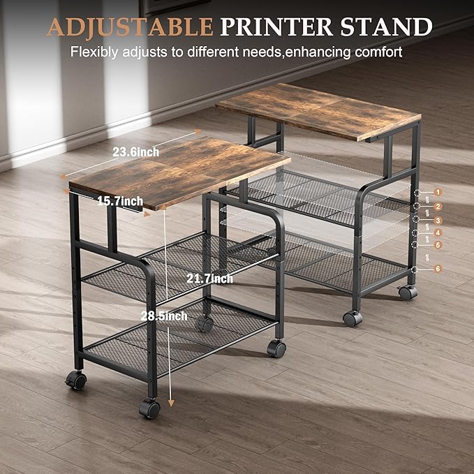 Printer Cart with Wheels, Printer Stand with Storage, Printer Table for Home Office, 3 Tier Cart with Adjustable Shelf, Supports Up to 100 Lbs, for Print, Heat Press, Scanner & Fax