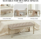 LOULENS 43.9" Linen Fabric End of Bed Bench, Vintage French Upholstered Button Tufted Entry Bench, Window Seat with Carved Wood Legs for Bedroom, Living Room, Entryway, Foyer, Hallway, Light Brown