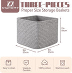OIAHOMY 9”x9”x7” Storage Cubes, Cotton Rope Woven Baskets for Organizing, Cube Storage Bin, Small Gift Basket for Shelf, 3-Pack, Grey