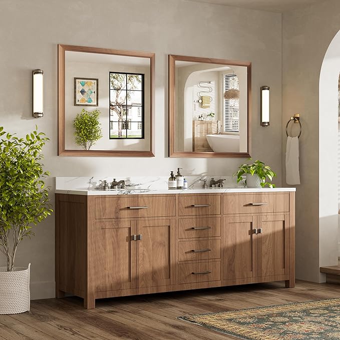 36x36 Inch Bathroom Mirror for Wall, Anti-Rust Walnut Wood Grain Metal Framed Bathroom Mirrors for Over Sink,Rectangler Mirrors for Bathroom Vanity, Farmhouse, Bedroom, Living Room, Entryway Decor