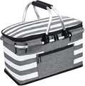 Insulated Picnic Basket,Leak-Proof Collapsible Cooler Bag,26L Grocery Basket with Lid,2 Sturdy Handles,Storage Basket for Picnic,Food Delivery,Take Outs,Market Shopping,Travel (Gray)