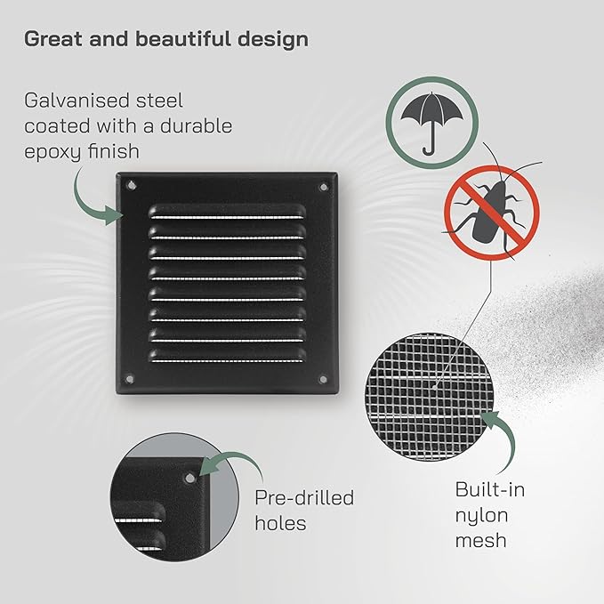 Vent Systems - 5 x 5 Inch (Inner) Black Metal Square Soffit Air Vent Grille Cover, Register Vent Deflector Louver Built-in Mesh HVAC for Bathroom Home Office Kitchen 6.5" x 6.5" (Outer)