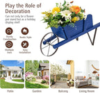 Wooden Wagon Planter, Flower Cart Display Stand w/Metal Wheels & Removable Magnetic Decoration, Wagon Decorative Garden Planter for Plants & Seasonal Displays, Pine Wood (Blue)