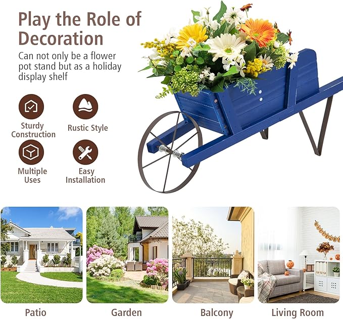 Wooden Wagon Planter, Flower Cart Display Stand w/Metal Wheels & Removable Magnetic Decoration, Wagon Decorative Garden Planter for Plants & Seasonal Displays, Pine Wood (Blue)