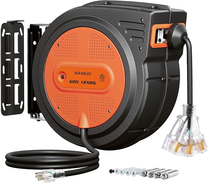 SURAIELEC 12 Gauge Extension Cord Reel, 60 FT Retractable Extension Cord, 12 AWG/3C SJTOW Heavy Duty Power Cord, 13 AMP Circuit Breaker, Lighted Triple Tap, Ceiling or Wall Mount, ETL Listed, Orange